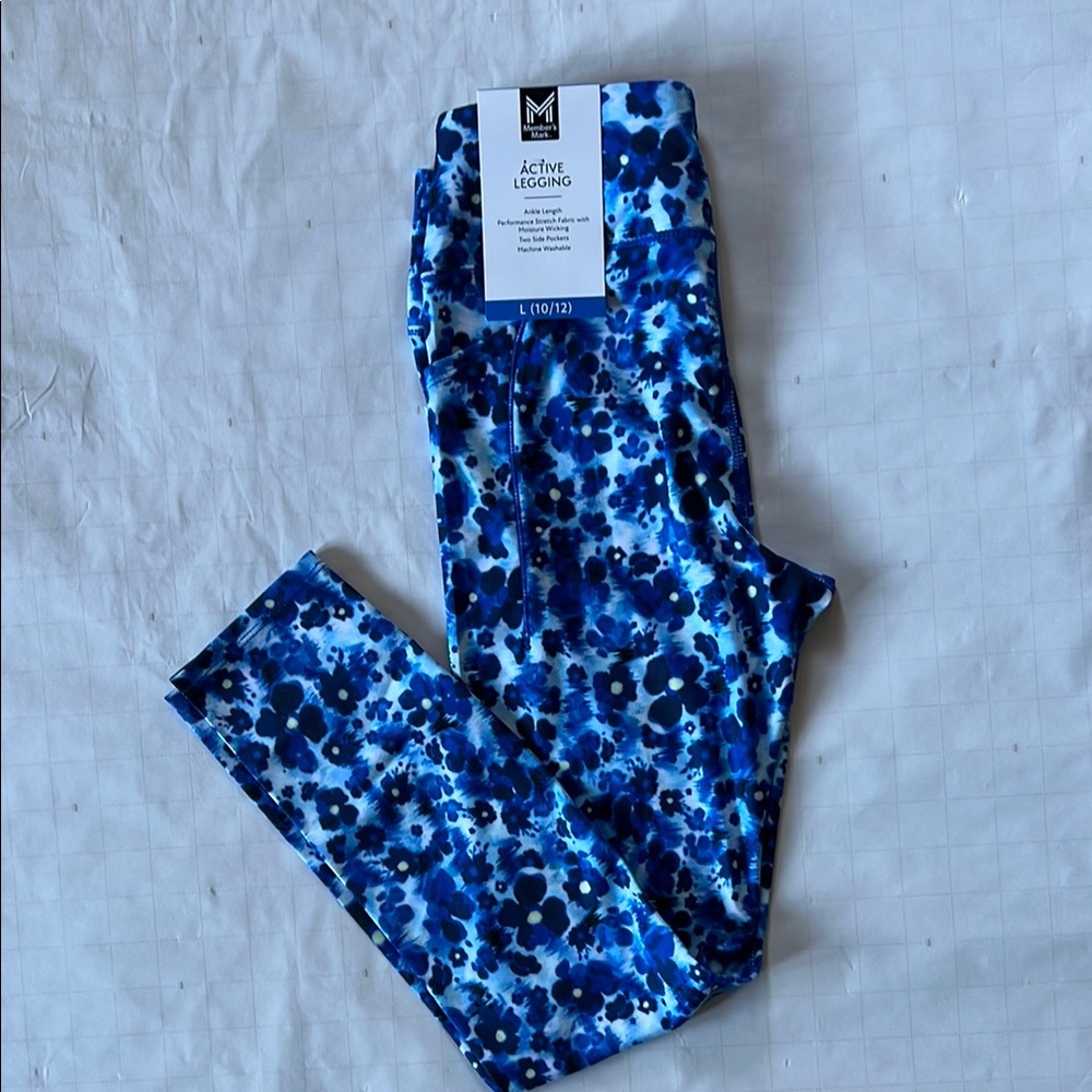 Girl’s Member’s Mark Blue Floral Leggings - Size L (10/12)
